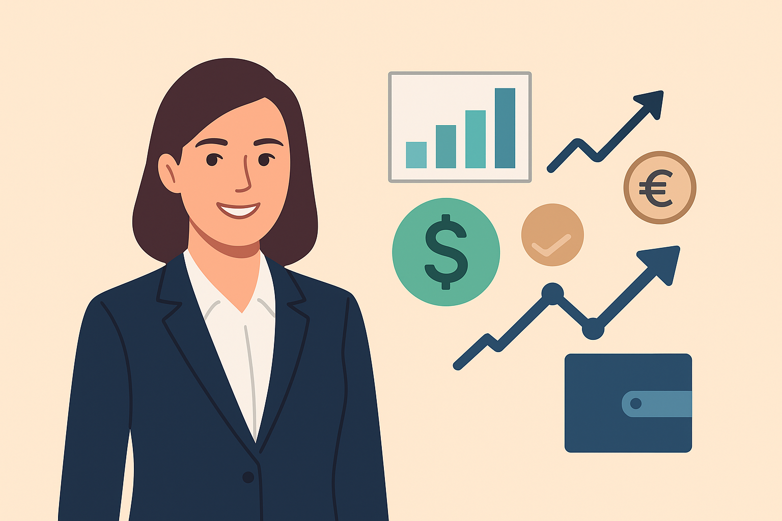 Vector illustration of Asel, a Swiss wealth management professional and dividend investor, shown with financial growth icons.