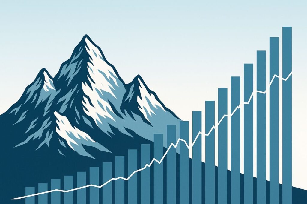 Vector illustration of Swiss mountains blended with rising stock chart bars representing best Swiss dividend stocks