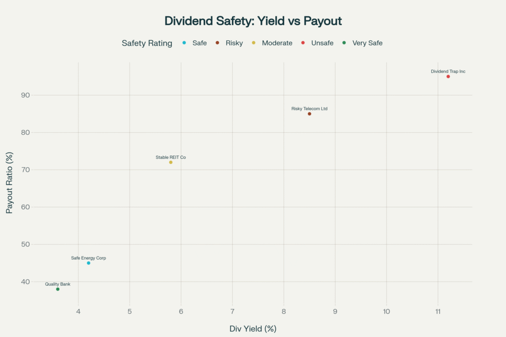 Scatter plot showing dividend yield versus payout ratio for high-yield stocks, color-coded by dividend safety rating from very safe to unsafe