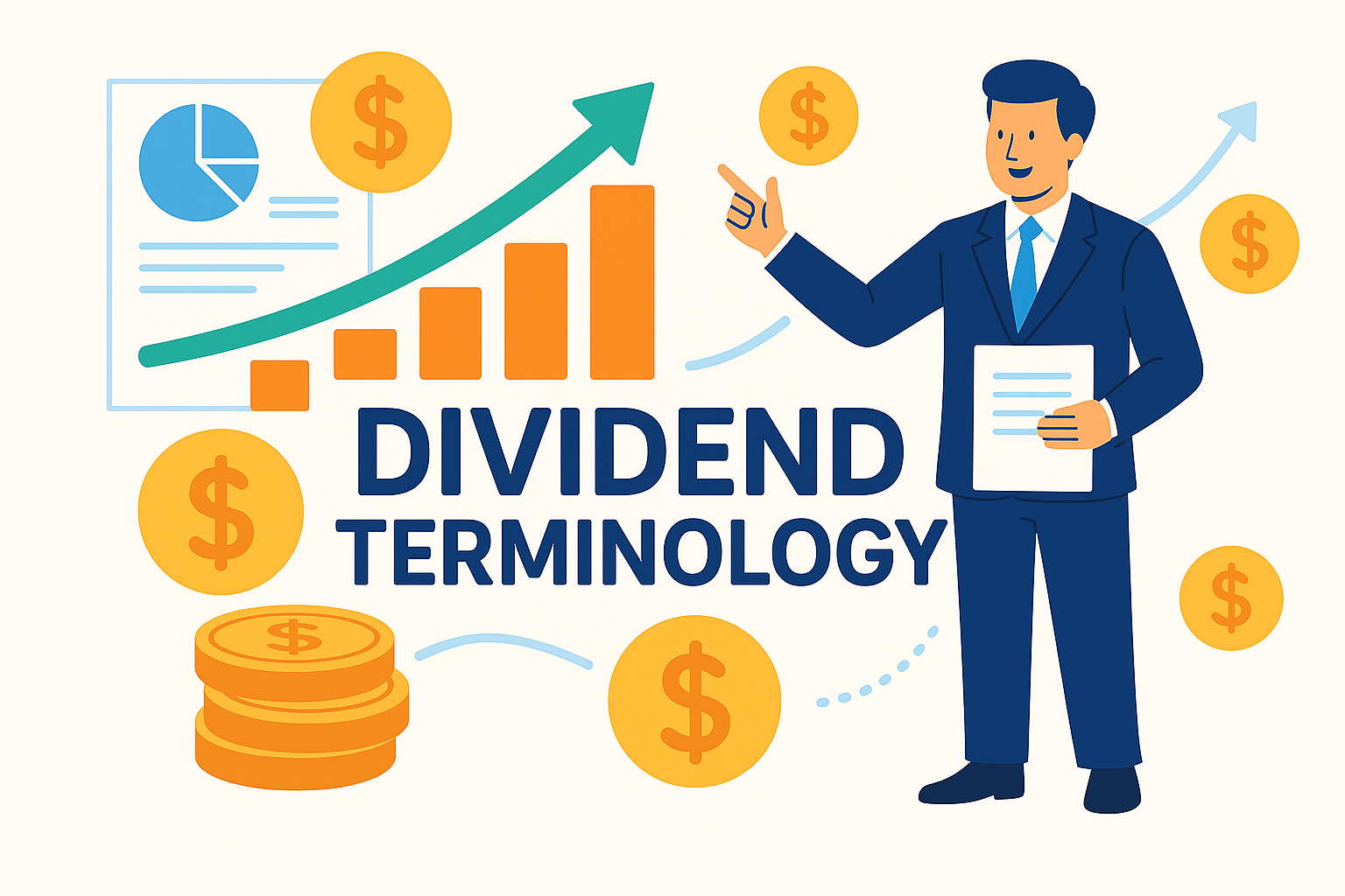 Dividend terminology guide illustration showing essential dividend investing terms, yield calculations, and key dates for investors