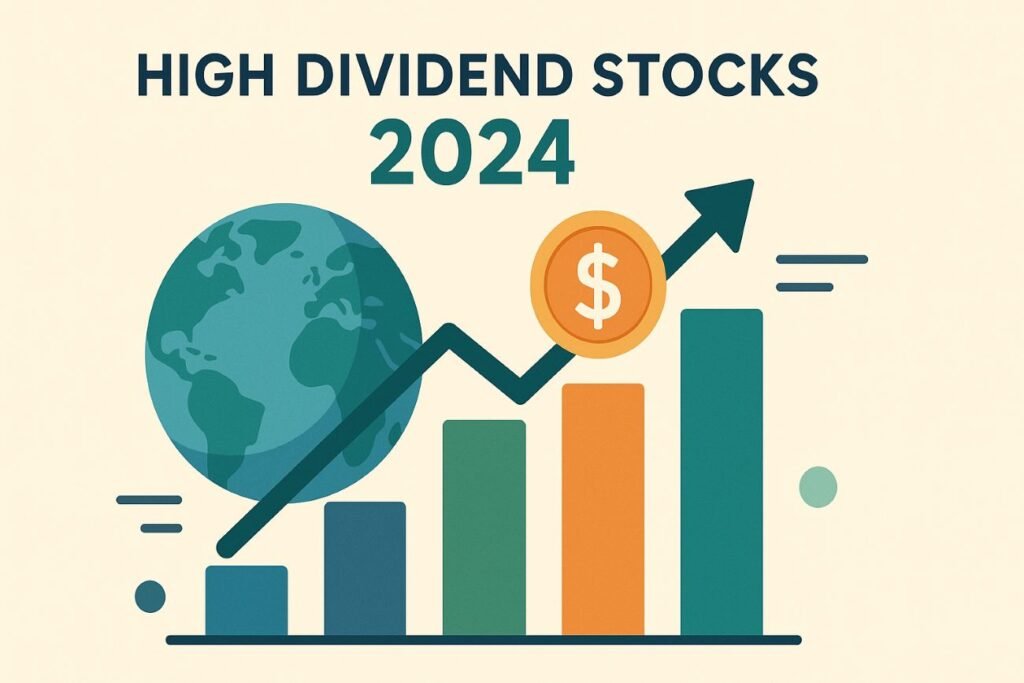 Global high dividend stocks in 2024 illustration with bar charts overlaying world map indicating top performers