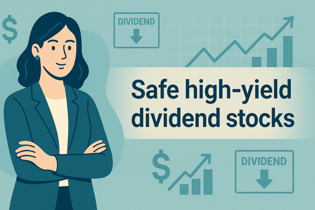 Female investor examining safe high-yield dividend stocks with charts and stable income theme