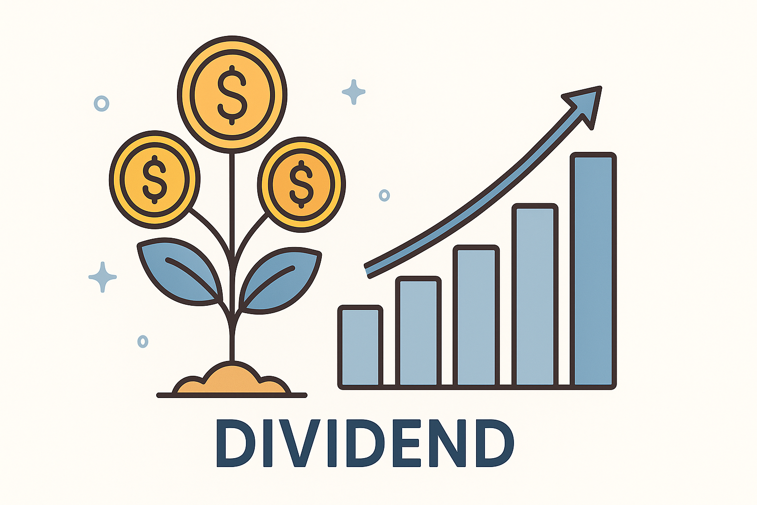 Vector illustration of a coin plant growing beside a dividend growth bar chart, symbolizing DRIP compounding power