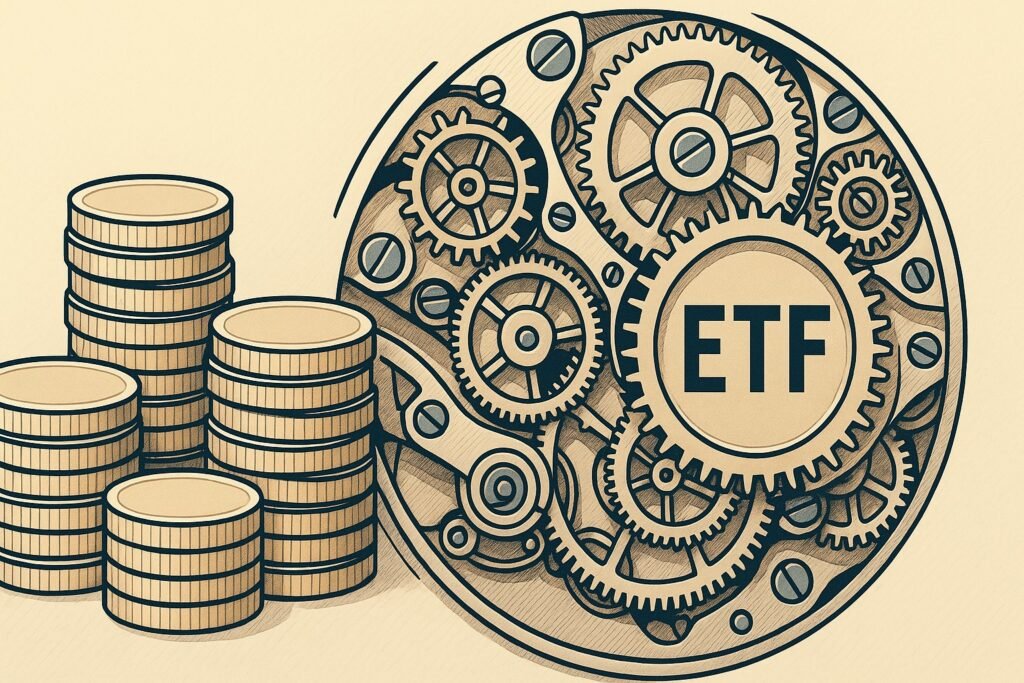 Wide 16:9 vector illustration of stacked coins, Swiss watch gears, and ETF symbols representing top 10 dividend ETFs”