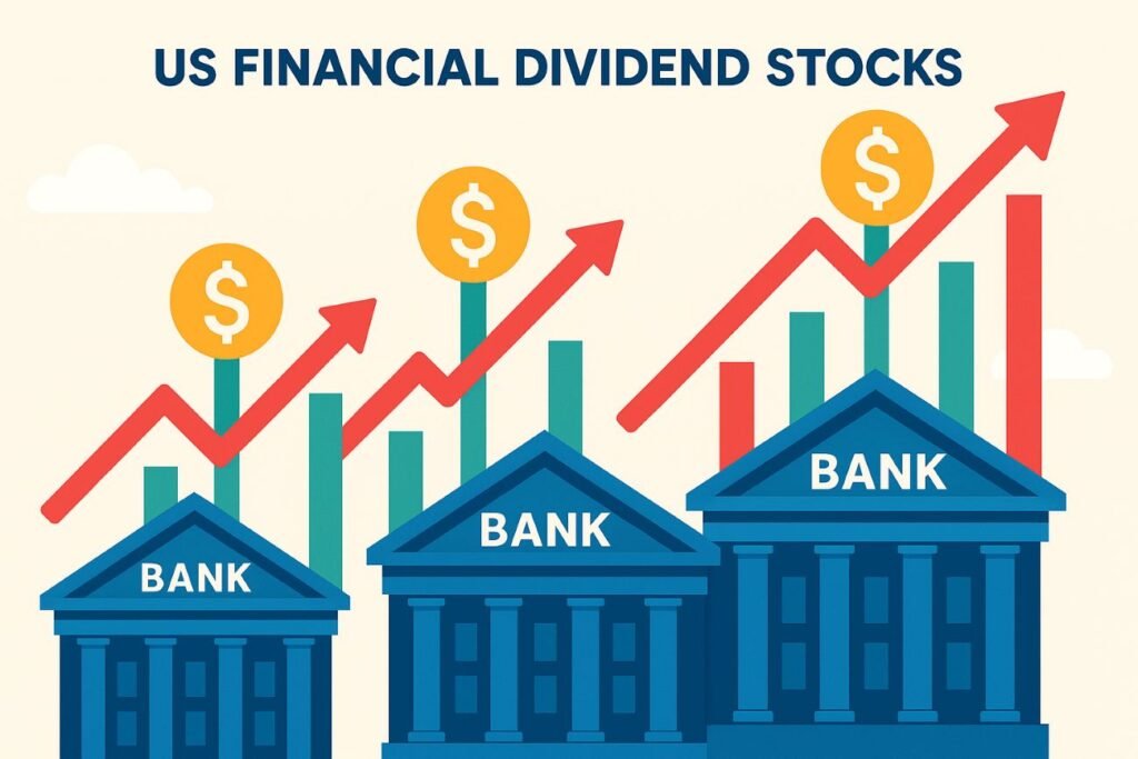 US financial sector dividend stocks illustration with bank icons and rising dividend arrows symbolizing income growth