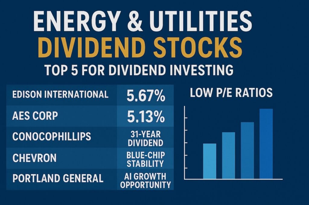 Professional blog header featuring five top energy and utilities stocks for dividend investing: Edison International (EIX 5.67% yield), AES Corp (AES 5.13% yield), ConocoPhillips (COP 31-year dividend), Chevron (CVX blue-chip stability), and Portland General (POR AI growth opportunity) with low P/E ratios comparison chart and investment analysis overlay