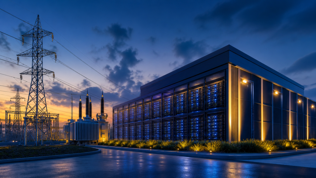 AI data center connected to electrical grid infrastructure at dusk