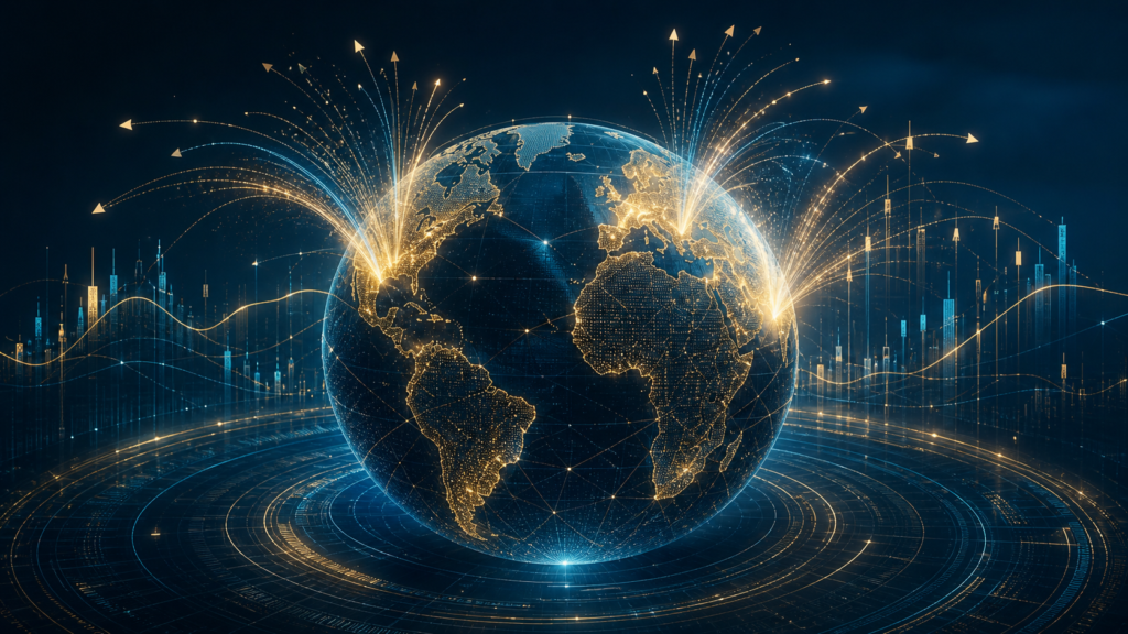 Globe with financial income streams representing global dividend payments