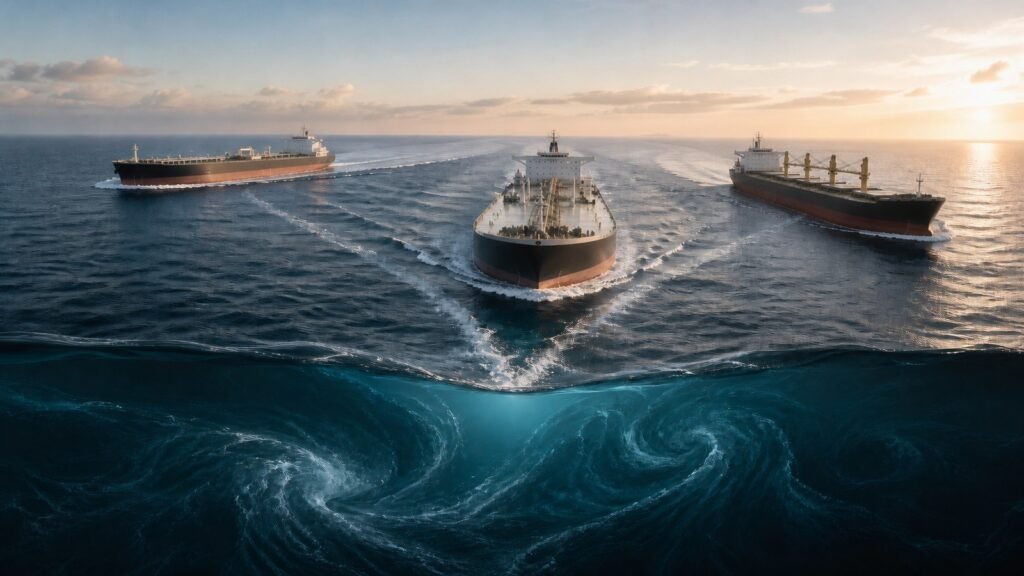 Three tanker and cargo ships above turbulent underwater currents, illustrating cyclical shipping dividends