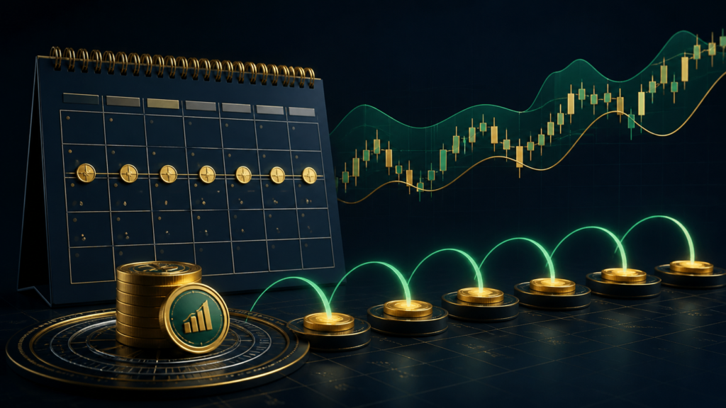 Weekly income calendar beside an options-market chart