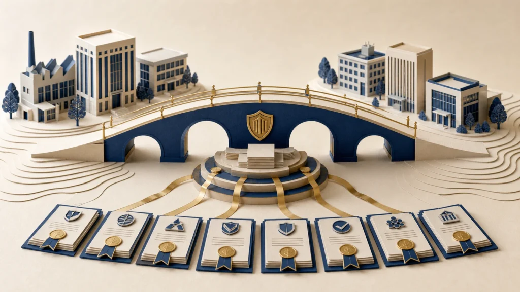 Original editorial illustration of a BDC lending bridge connecting investors with private businesses