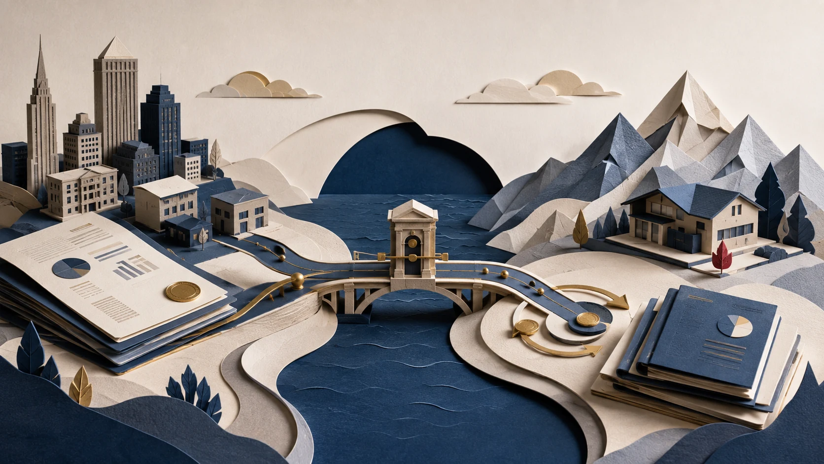 Original paper-art illustration of US private-credit income crossing a withholding checkpoint toward a Swiss portfolio