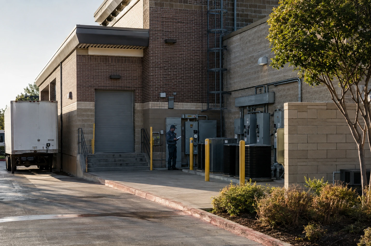 Editorial photograph of the service area and maintenance systems behind a commercial property