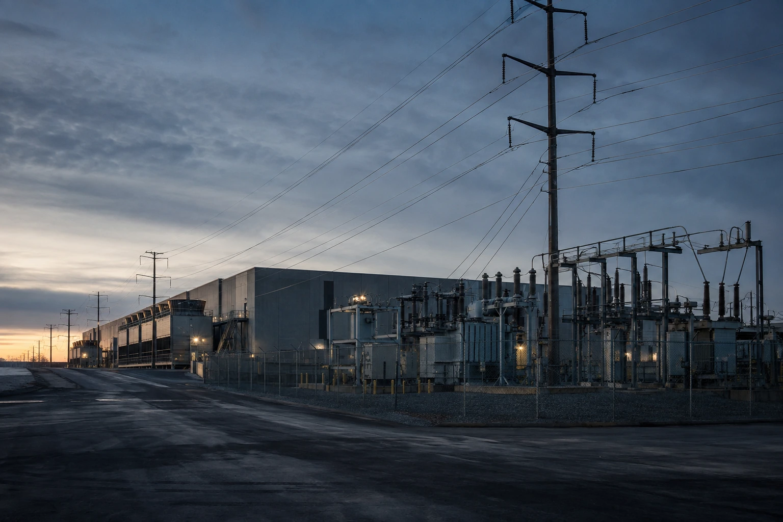 Editorial photograph of a data center beside its electrical substation and transmission lines
