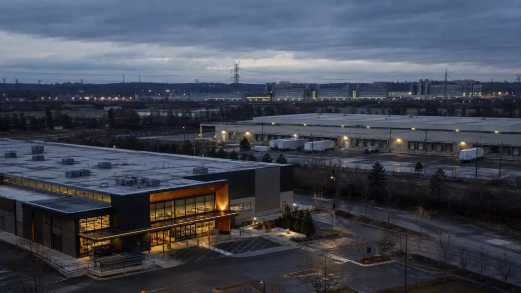 Commercial real estate corridor with retail, logistics and data-center properties at blue hour