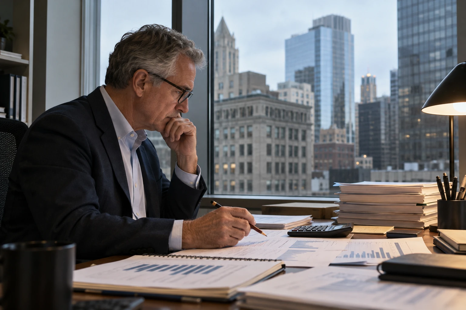 Credit analyst reviewing debt maturity charts beside a city office window