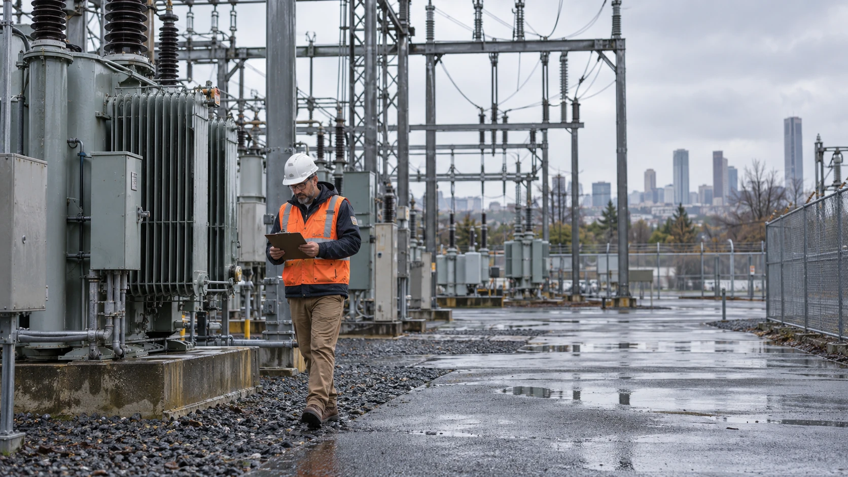 Utility engineer inspecting electrical substation equipment after rain
