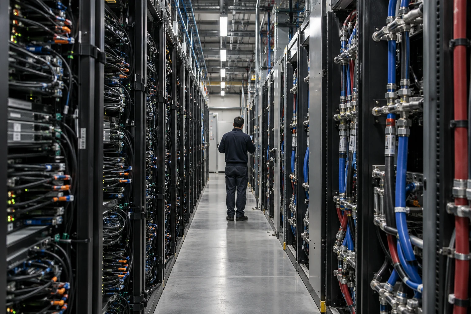 Technician inspecting liquid-cooled accelerator servers in a modern data center