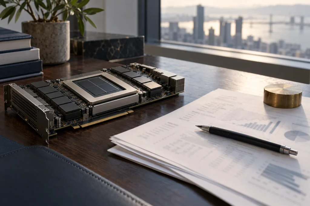 Financial analyst desk with accelerator hardware and NVIDIA capital-return research